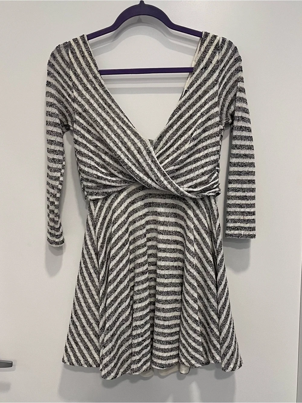 FREE PEOPLE Maverick Striped Knit Cross Flare Dress XS V-Neck Wrap Back‎